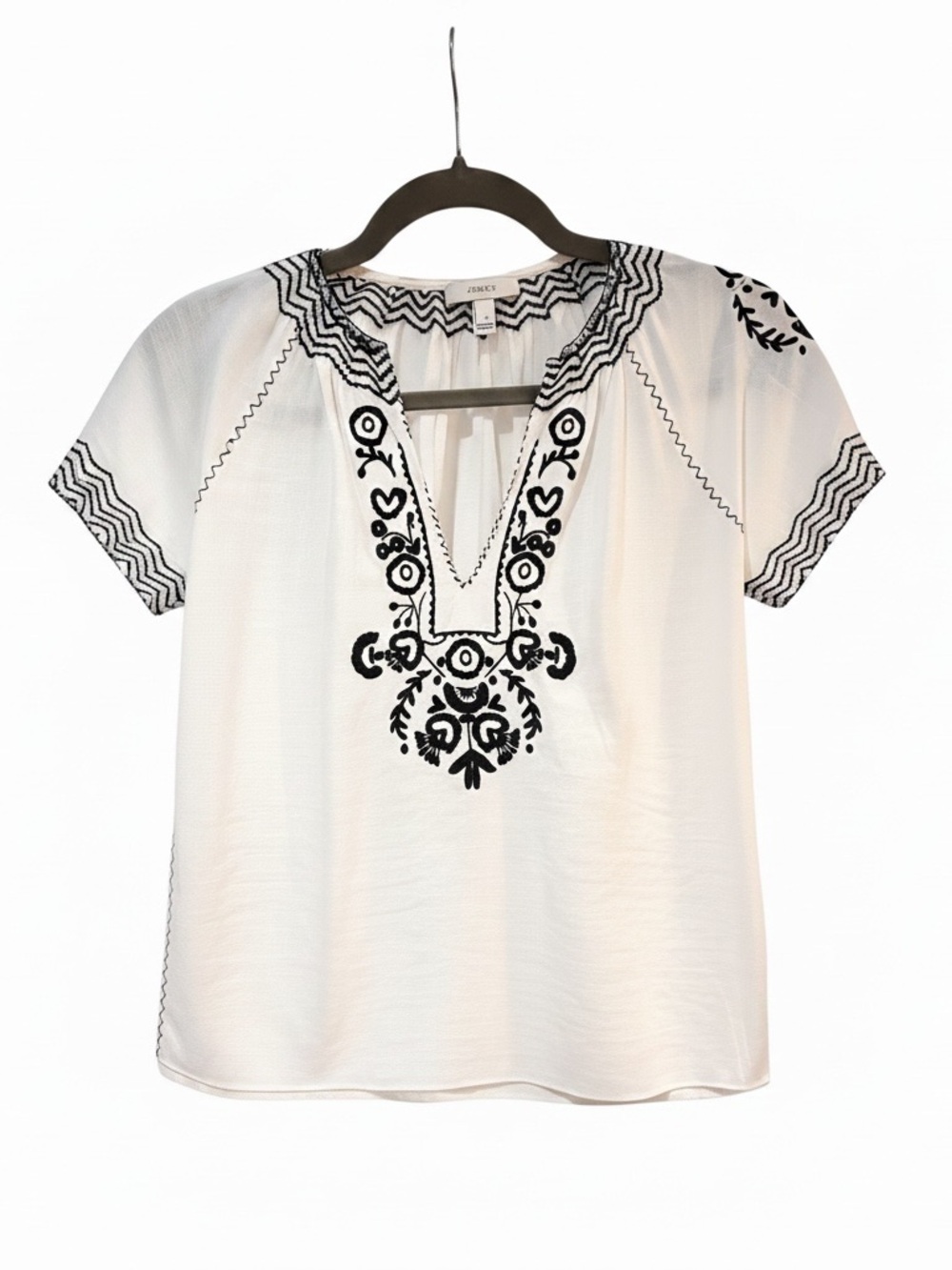 J. Crew White Peasant Top with Black Embroidery BOHO Look & Lightweight | GUC